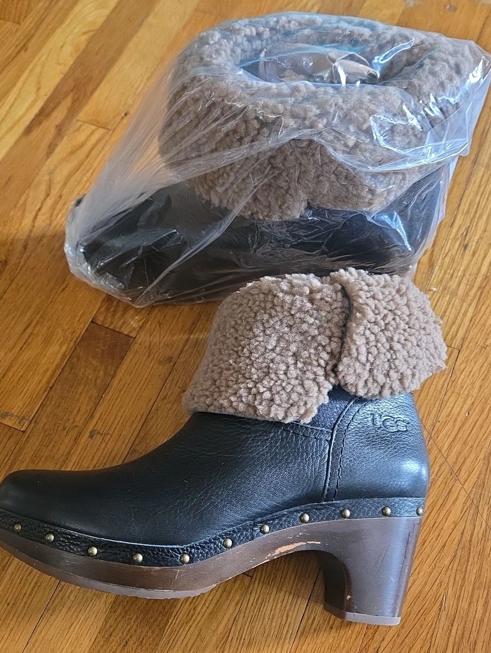UGG Black Leather Clog Boots with Tan Shearling Cuff